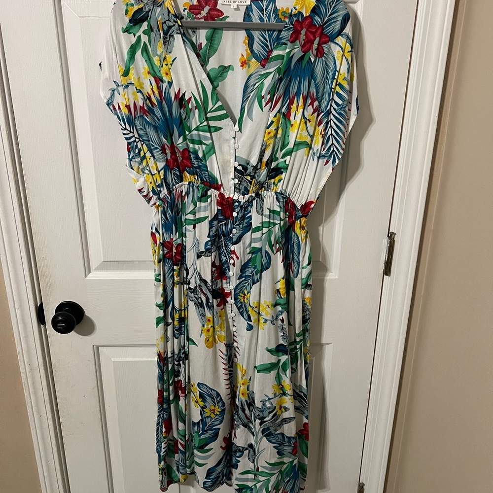 Label of Love Women’s L White Blue Tropical Button Down Dress Stretch Waist